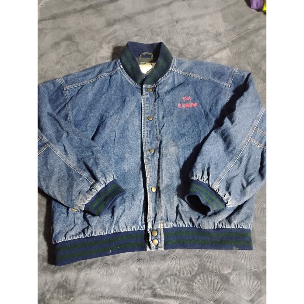 Crest Signature Logo Usa Plumbing Vapor Permeable Snap Vintage Jean Jacket Large
